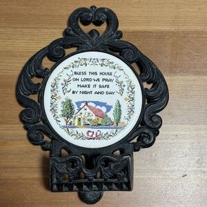 Vintage Cast Iron Wall Match Holder Bless This House Oh Lord We Pray